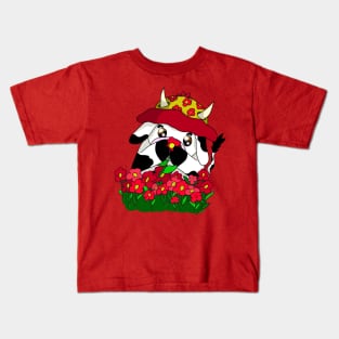 kawaii cow in a cute hat with red poppies Kids T-Shirt